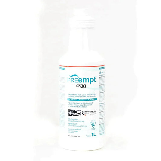 PREempt CS20 high-level disinfectant bottle for medical devices, 1L, white background