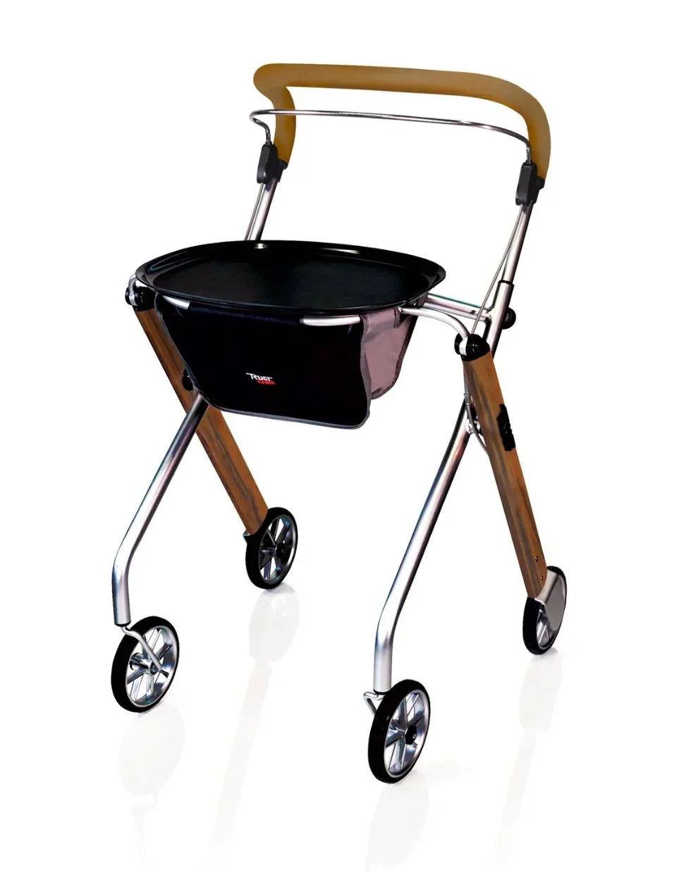 Indoor rollator walker with four wheels, tray, and storage basket on white background