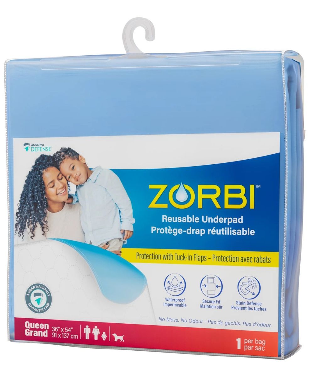Zorbi reusable waterproof underpad with tuck-in flaps, queen size, for home care and incontinence protection