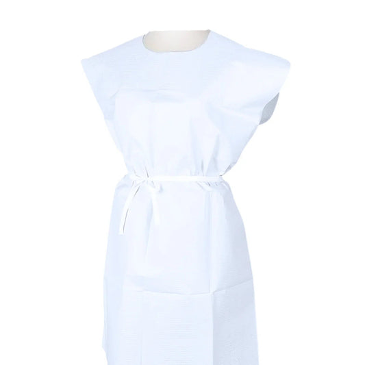 Disposable white medical gown with tie waist for healthcare or home care use