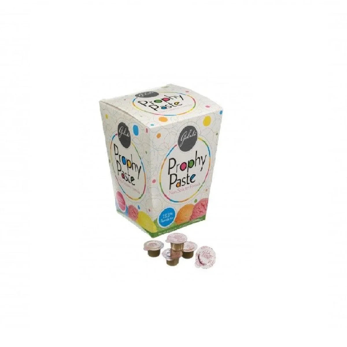 Box of Prophy Paste dental polishing cups for oral care, with individual paste cups displayed
