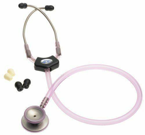 Pink clinician stethoscope with tunable chestpiece and extra ear tips on white background