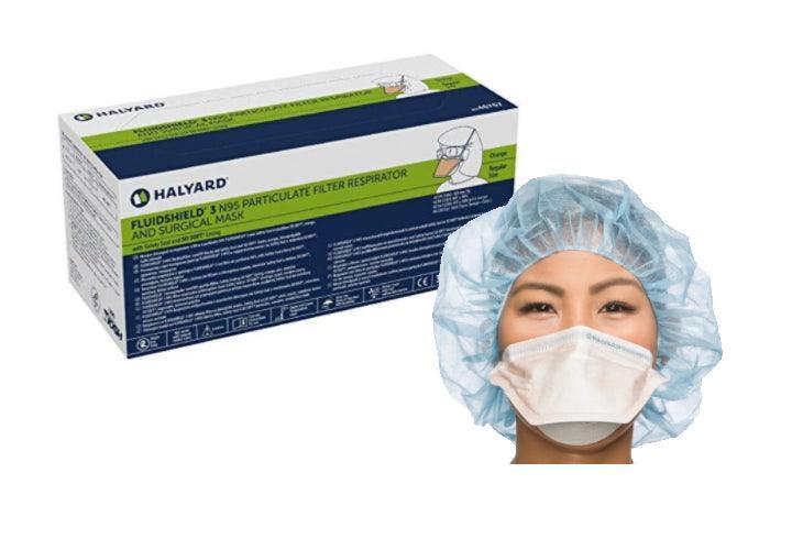 Halyard Fluidshield N95 particulate respirator surgical mask box and person wearing mask and bouffant cap