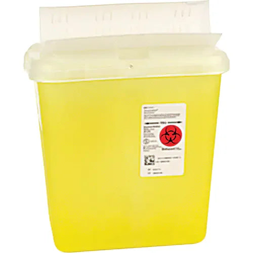 Yellow medical sharps container with biohazard symbol and lid for safe needle disposal