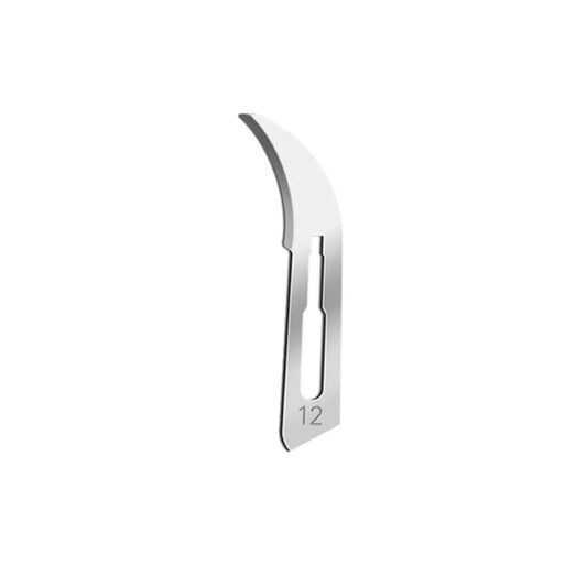 Curved sterile surgical blade number 12 for medical or esthetic procedures on white background.