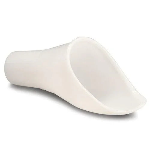 White plastic female urinal for home care and medical use on plain background