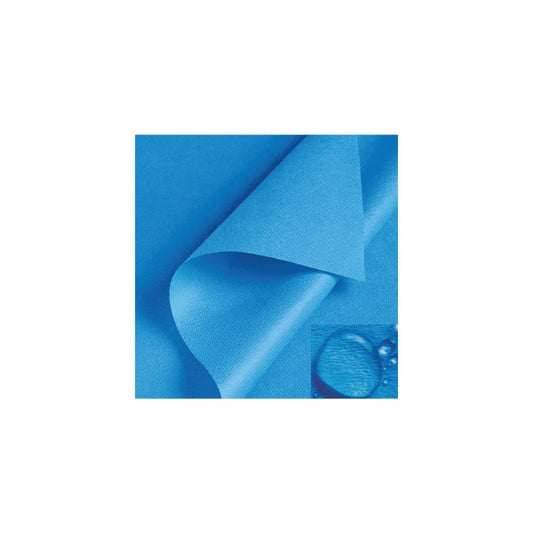 Blue waterproof medical fabric sheet with close-up of water droplet resistance