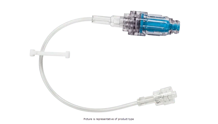 Clear IV extension set with blue needleless connector for medical infusion therapy