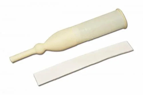 Male external catheter with adhesive strip on white background, urology medical supply