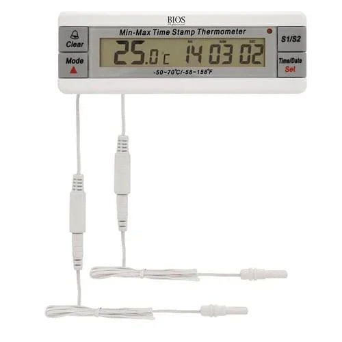 Digital vaccine thermometer with alarm, dual probes, and large LCD display for medical storage