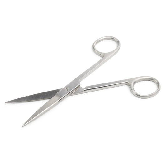 Stainless steel medical scissors with straight blades on a white background