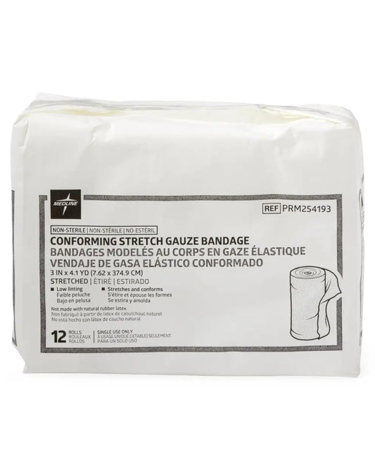 Package of non-sterile conforming stretch gauze bandages, 12 rolls, medical supplies