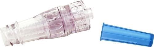 Clear medical IV connector with blue protective cap on white background