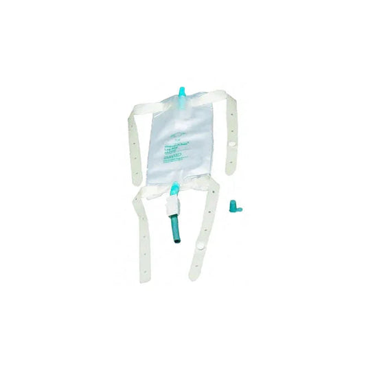Leg urine drainage bag with adjustable white straps and blue drain valve for home care
