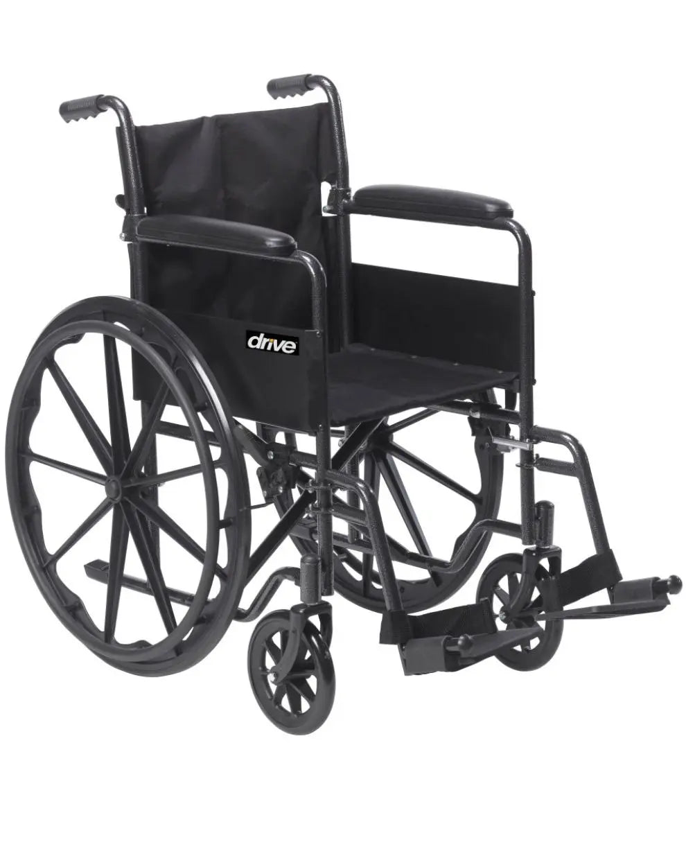 Lightweight black manual wheelchair with footrests and large rear wheels