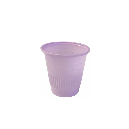 Disposable purple plastic medicine cup with textured grip, medical supply product