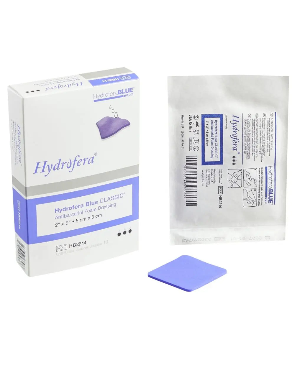 Hydrofera Blue Classic antibacterial foam dressing with box, sterile pouch, and blue pad