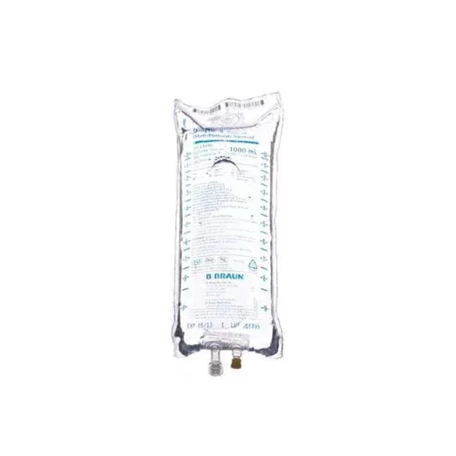 Sterile IV solution bag with measurement markings, used for medical infusion therapy