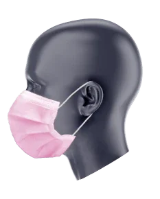 Pink ASTM Level 3 kids face mask shown on mannequin head, side view