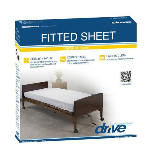 Drive Medical fitted sheet packaging showing a white fitted sheet on a hospital bed, size 36 x 84 x 8 inches.