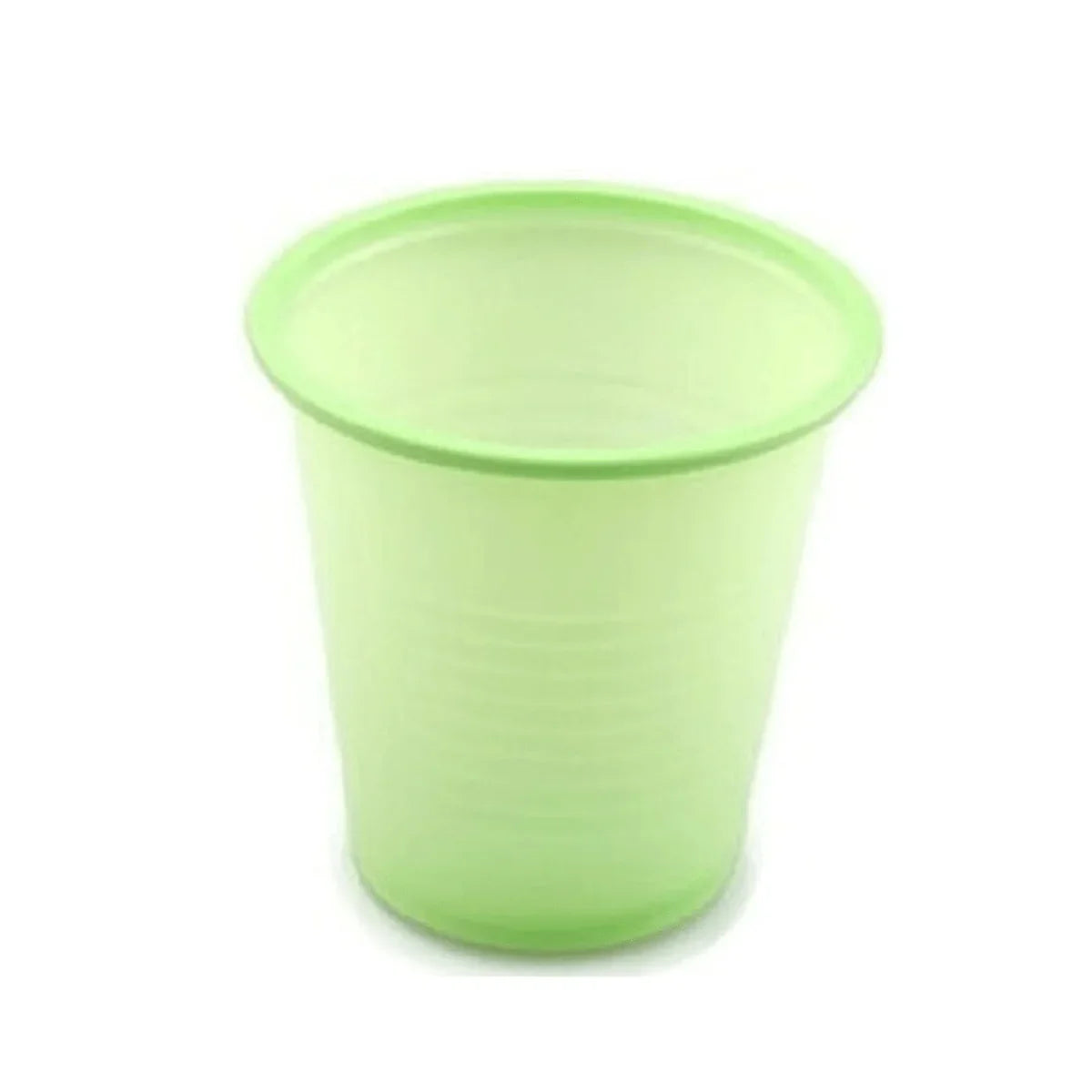 Green disposable plastic cup for medical or home care use, isolated on white background