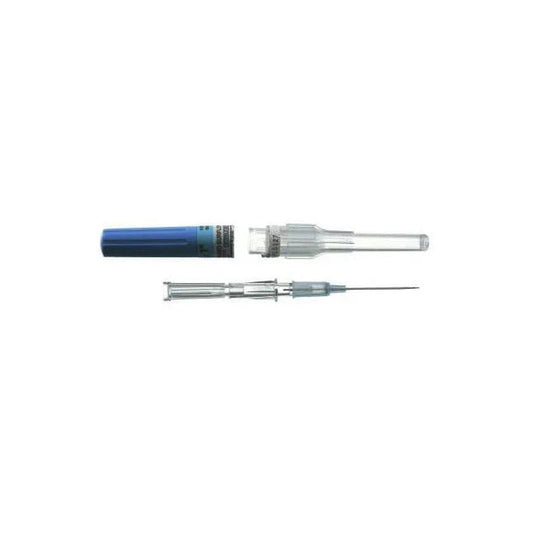 IV catheter with safety needle and blue cap for medical or home care use