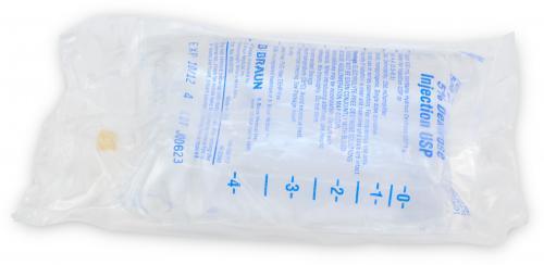 Sterile IV saline solution bag for medical and home care use, labeled with dosage markings