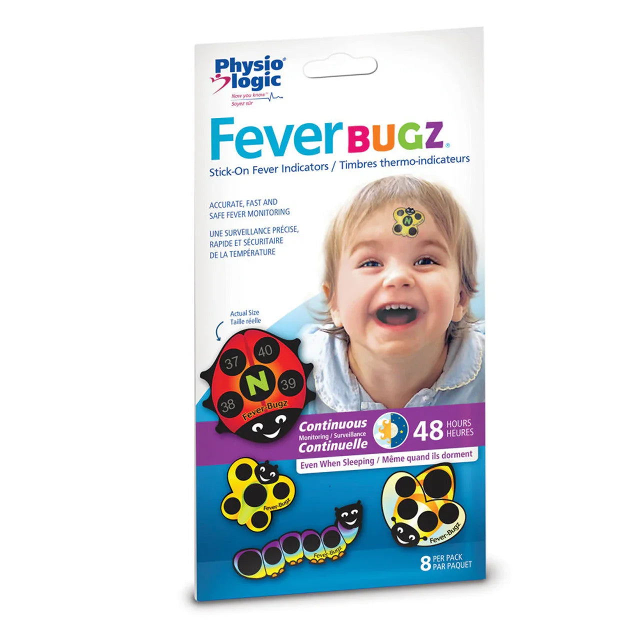 Fever Bugz stick-on fever indicators packaging with child wearing ladybug fever sticker on forehead