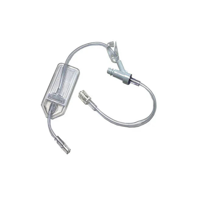 Clear IV extension set with tubing, filter chamber, and connectors on white background