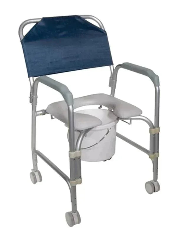 Adjustable rolling commode chair with padded seat, removable bucket, and armrests for home care