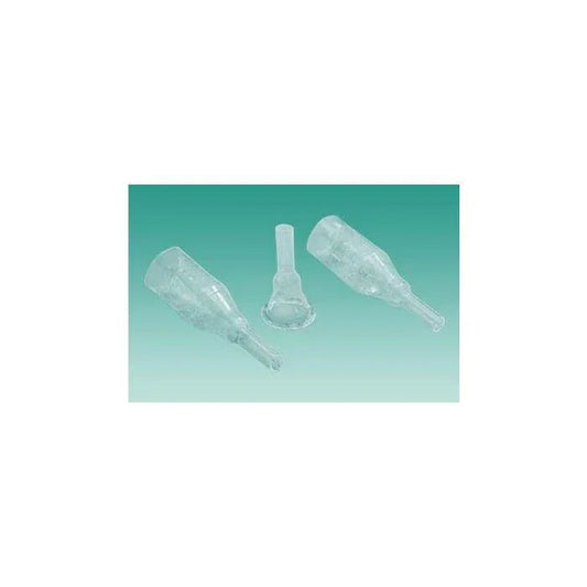 Three transparent male external catheters on green background, medical urology supplies