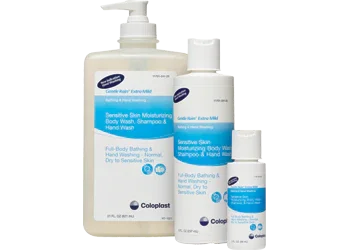 Coloplast sensitive skin moisturizing body wash and shampoo bottles for home care and hygiene
