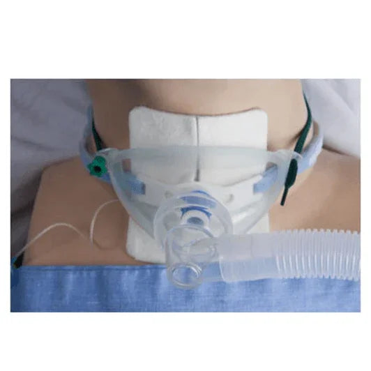 Adult tracheostomy oxygen aerosol mask with tubing, fitted on patient in clinical setting