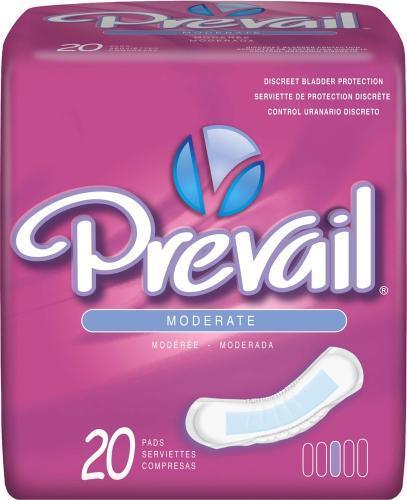 Prevail moderate bladder control pads package, 20 count, purple packaging with product image