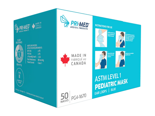 Box of blue pediatric ASTM Level 1 face masks with ear loops, 50 count, made in Canada