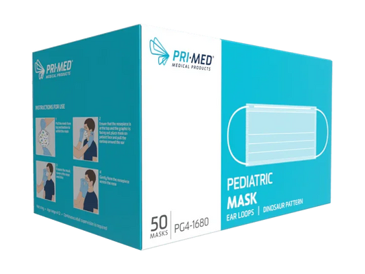 Box of pediatric face masks with ear loops, dinosaur pattern, 50 masks, level 1 for kids