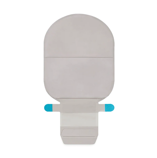 Drainable one-piece ostomy pouch with closure tabs, for colostomy or ileostomy care