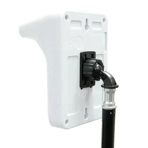 Adjustable white telescope stand mount with black connector on a white background