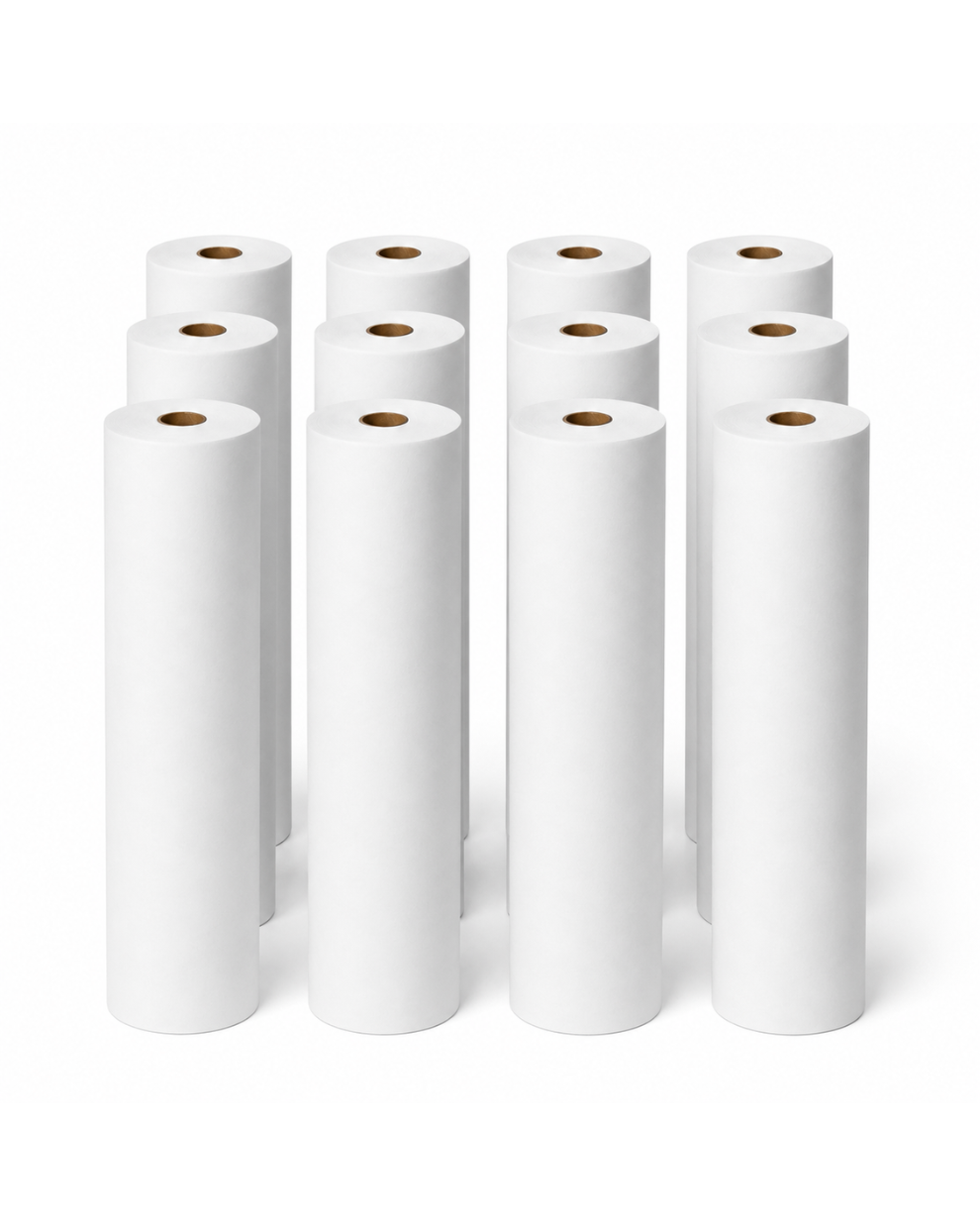 White paper rolls for medical, home care, or PPE use, neatly arranged on white background