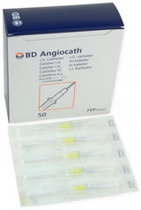 Box of BD Angiocath IV catheters with individually packaged sterile catheters in front
