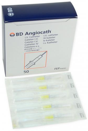 Box of BD Angiocath IV catheters with individually packaged sterile catheters in front