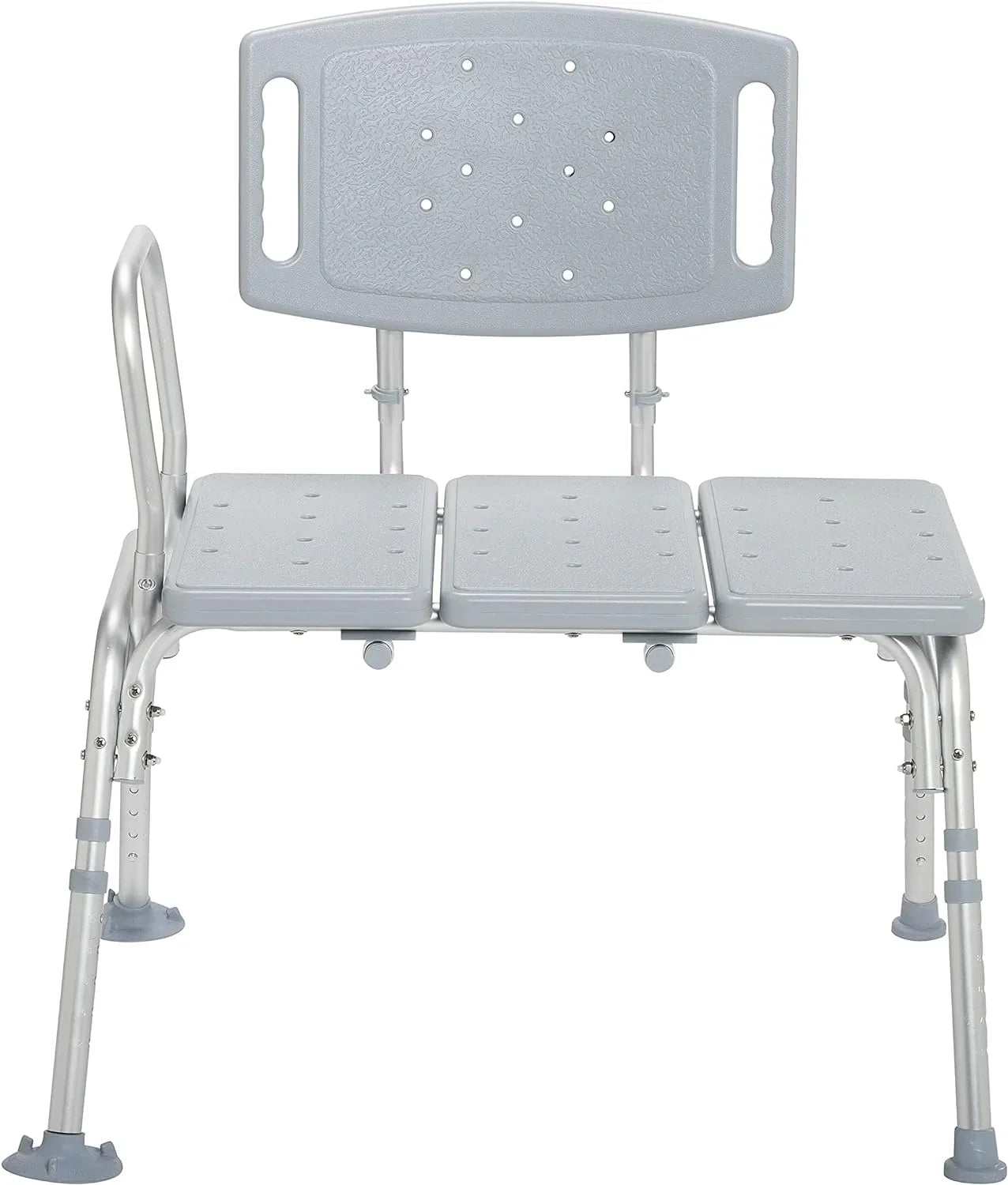 Gray adjustable shower transfer bench with backrest and slip-resistant legs
