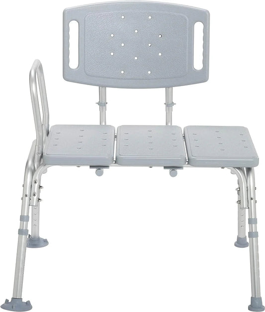 Gray adjustable shower transfer bench with backrest and slip-resistant legs