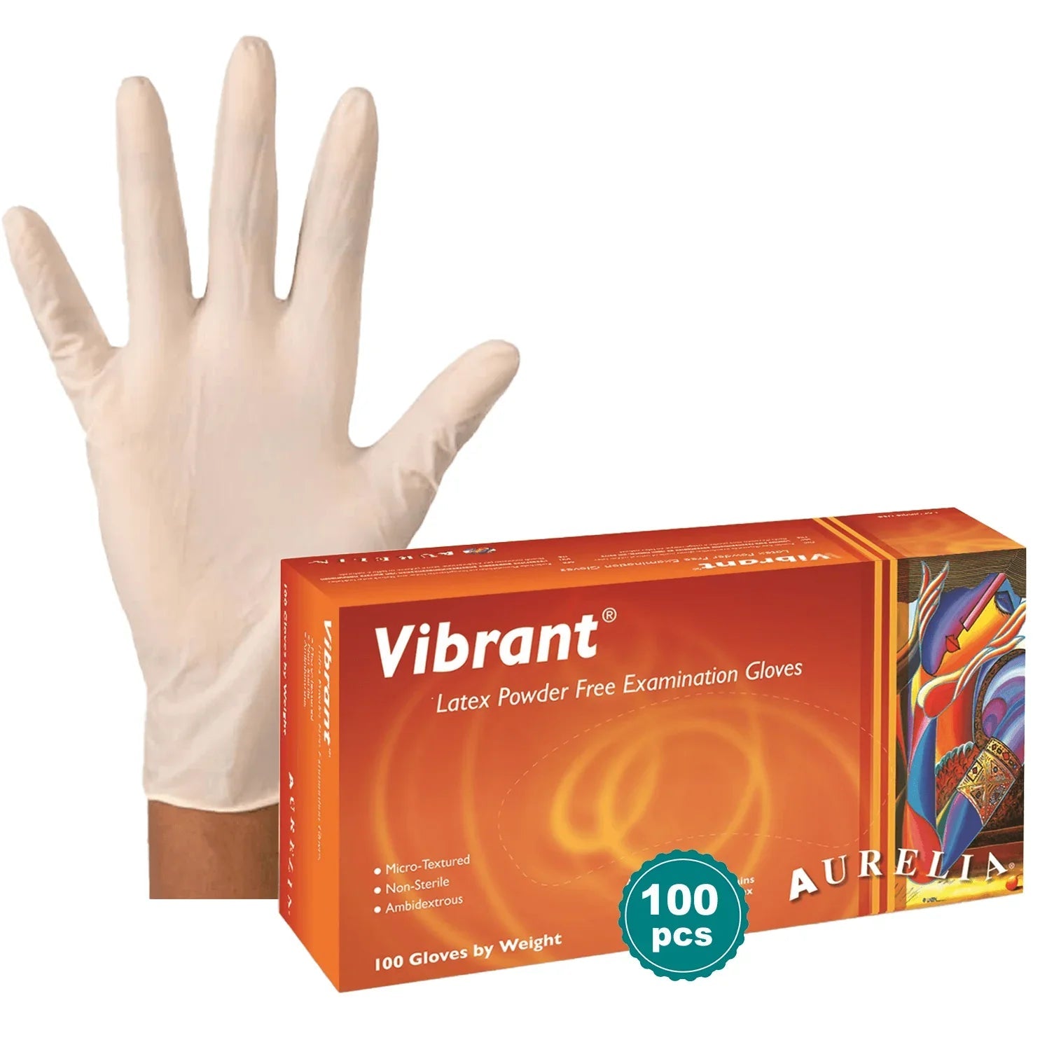 Powder free latex exam gloves, Aurelia Vibrant, 100 pack box and single glove, medical supplies