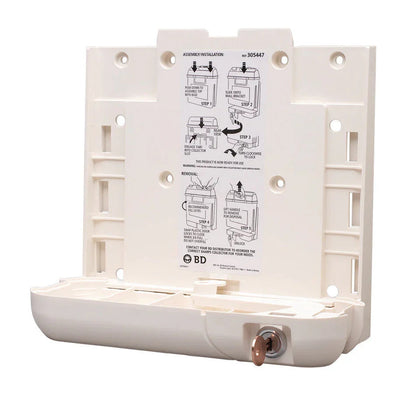Wall-mounted sharps container holder with installation instructions for medical waste disposal