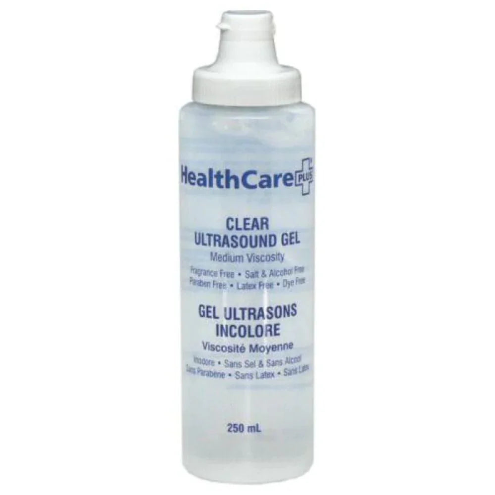 Clear ultrasound gel bottle, 250 mL, for medical diagnostic use, fragrance free