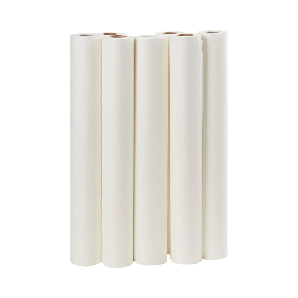 Six rolls of white medical examination table paper standing upright on a white background