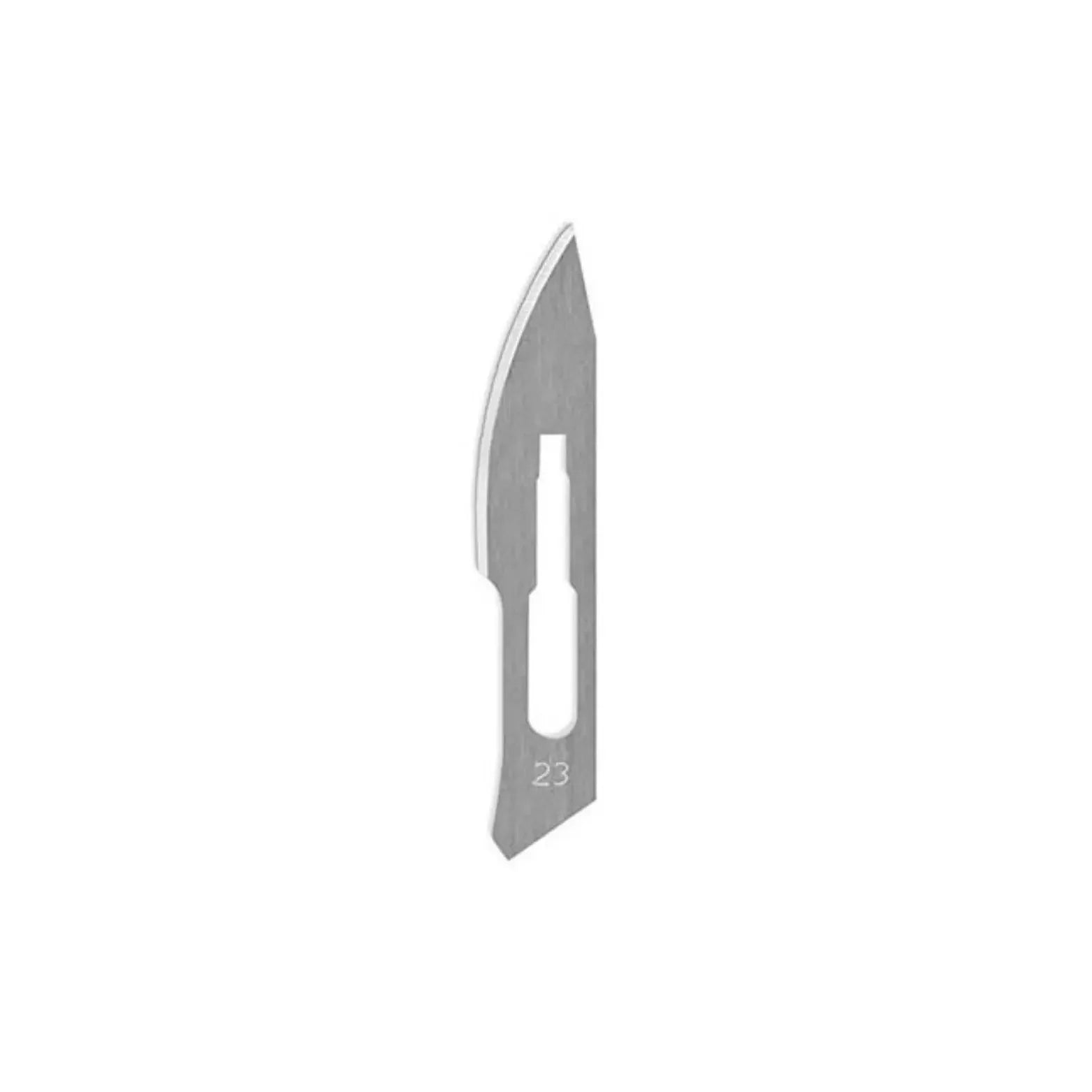Stainless steel surgical scalpel blade No. 23 on white background