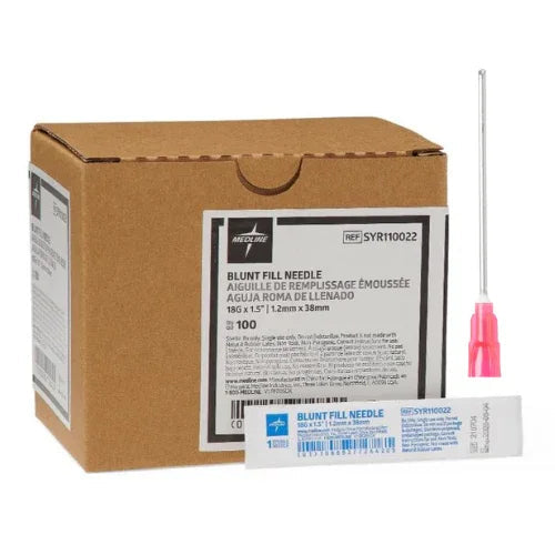 Box of 18G 1.5 inch blunt fill needles with pink hub and one individually wrapped needle
