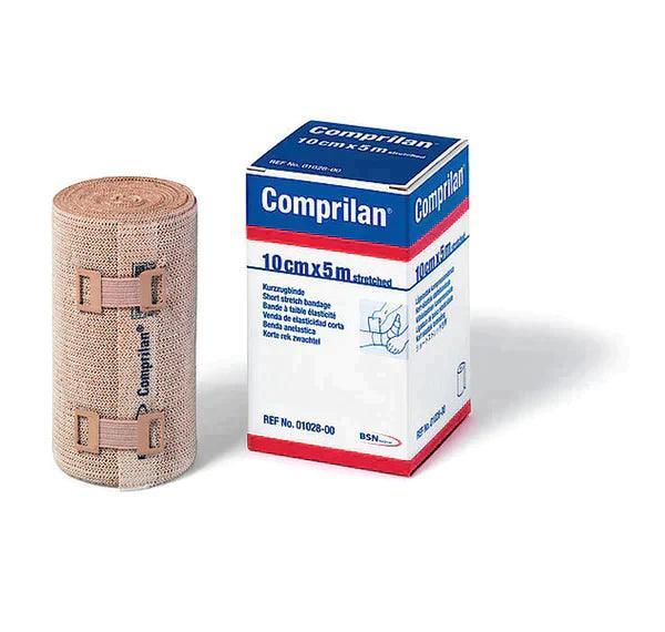 Comprilan short stretch bandage 10cm x 5m with clips and product box, medical supply